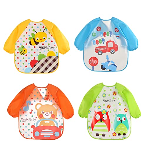 SONGQEE Babylätzchen mit Ärmeln Babylätzchen zum Füttern,Wasserdicht Unisex-Lätzchen mit langen Ärmeln EVA-Entwöhnungslätzchen Fütterungslätzchen Schürze für Säuglinge, 6 Monate bis 3 Jahre, 4er Pack Cover