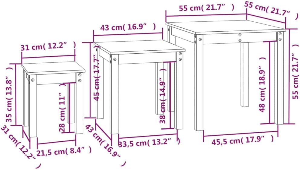 vidaXL Nesting Table White Solid Pine Wood Small Stackable