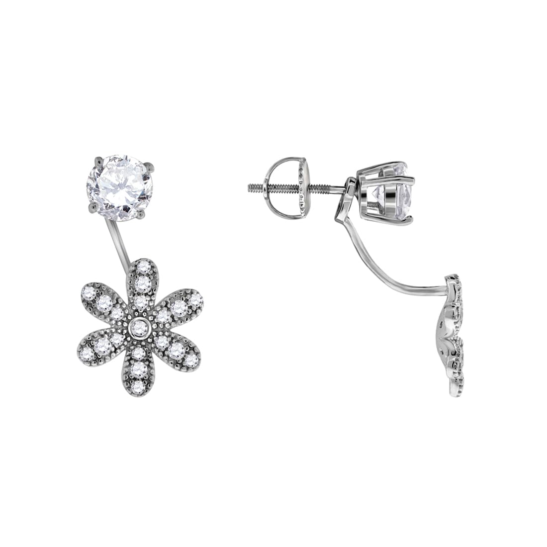 Damen-Ohrstecker aus 925er Sterlingsilber, runder Zirkonia, künstlicher Diamant, Blume, modisch, Jacke, Schmuck, Geschenke für Frauen, Metall, Zirkonia