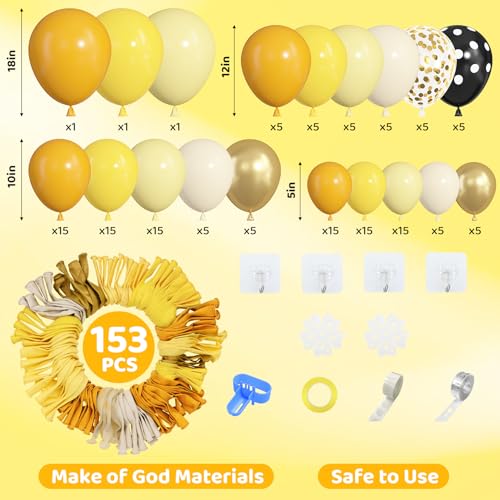 Image of Amandir 153pcs Bee Balloon Arch Garland Kit Different Sizes | 18 12 10 5 inch Mustard Pastel Yellow Gold Confetti Balloons for What Will It Bee Sunflower Honey Birthday Party Decorations
