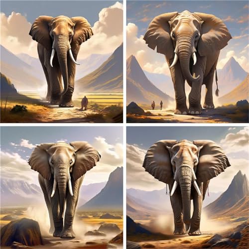 Diamond Painting Montagne et Éléphant : Lot de 4 Broderies Diamant avec Accessoires Ws-3428