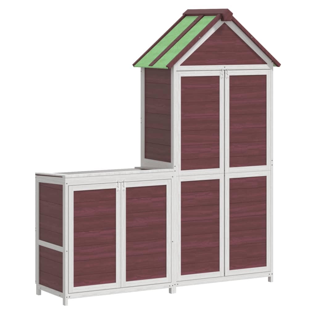 Juego de 2 cobertizos de madera maciza de pino moca para herramientas de jardín con techo impermeable y soporte de pared, almacenamiento organizado para herramientas y herramientas de cuidado del