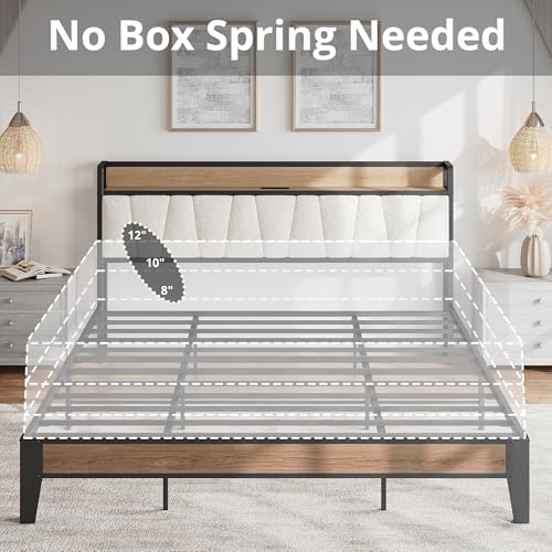 LIKIMIO California King Bed Frames, Storage Headboard with Charging Station, Solid and Stable, Noise Free, No Box Spring Needed, Easy Assembly, Wood and Cream