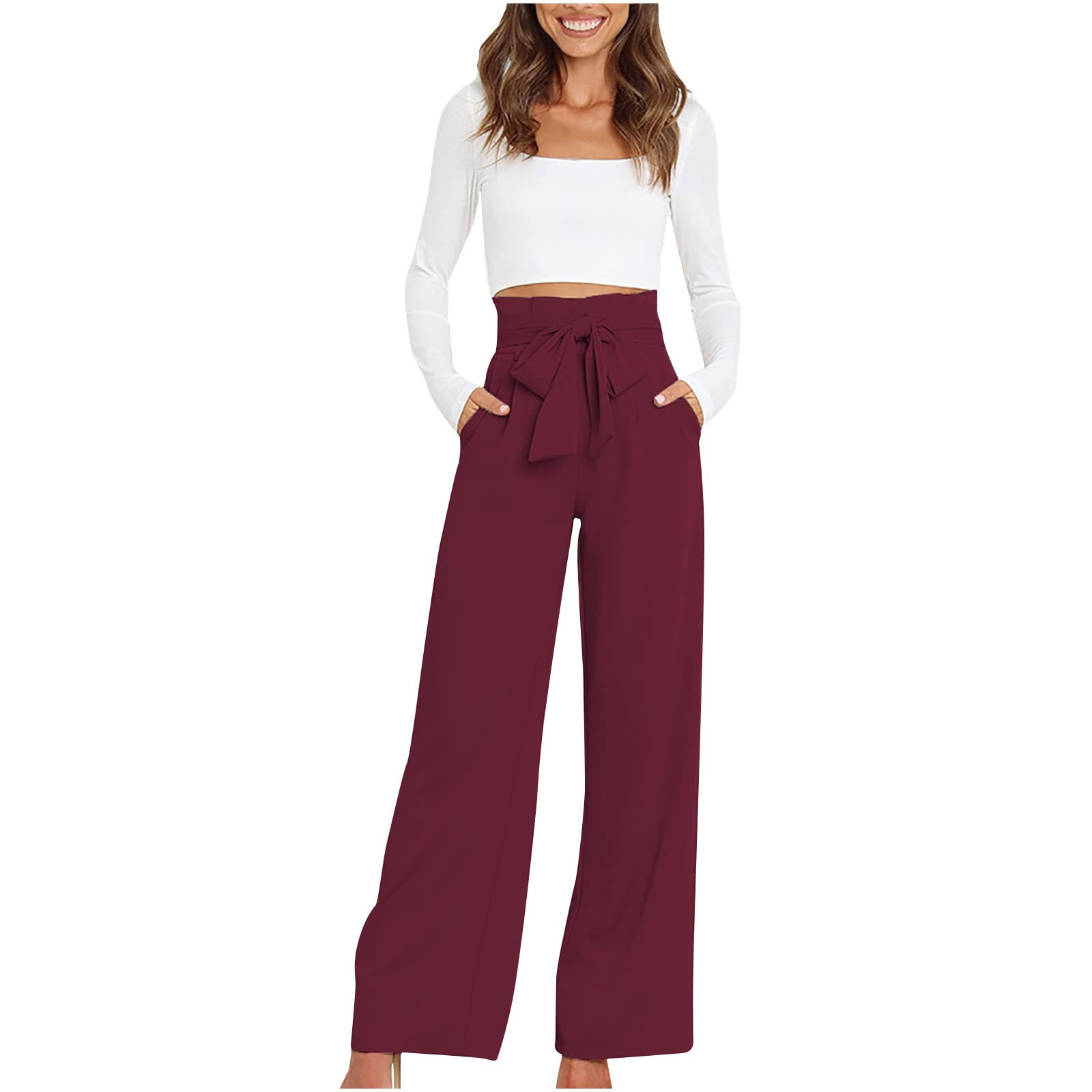 Women Wide Leg Pants with Belt Elastic High Waisted Baggy Business Work Office Suit Pants Lounge Casual Loose