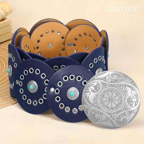 Image of XZQTIVE Western PU Leather Belts for Woman Concho Cowgirl Cowboy Disc Belt for Ladies Wide Boho Country Waist Belts for Dress