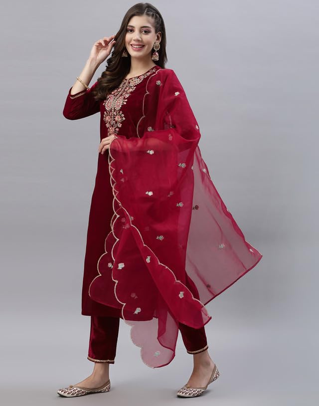 Image of SIRIL Women's Velvet Embroidery Straight Kurta Pant with Dupatta