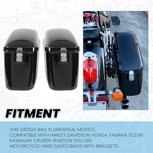 Vivid Black Large Hard Saddle Bag Trunk W/brackets For Motorcycle Compatible With Harley-Davidson Dyna Honda Suzuki Kawasaki Yamaha Cruiser