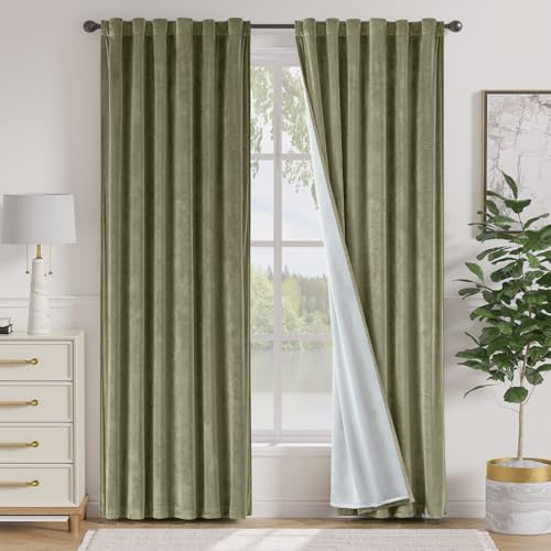 Image of Blackout Olive Sage Velvet Curtains Back Tab 52x90 Inch 2 Panels | Soft Velvet, Lined, For Bedroom & Living Space, Light Shifting Texture, Elegant Drape, Serene, Fresh