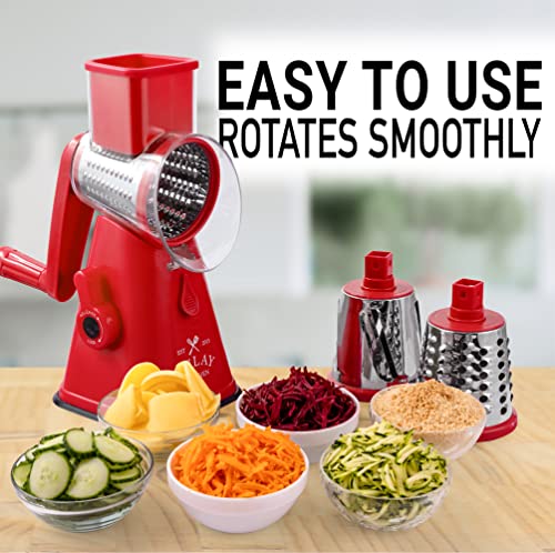Zulay Kitchen Manual Rotary Cheese Grater With Handle - Round Cheese Shredder Grater With 3 Interchangeable Stainless Steel Blades - Easy To Use Fruit, Nut, And Vegetable Grater (Red) #TOP5