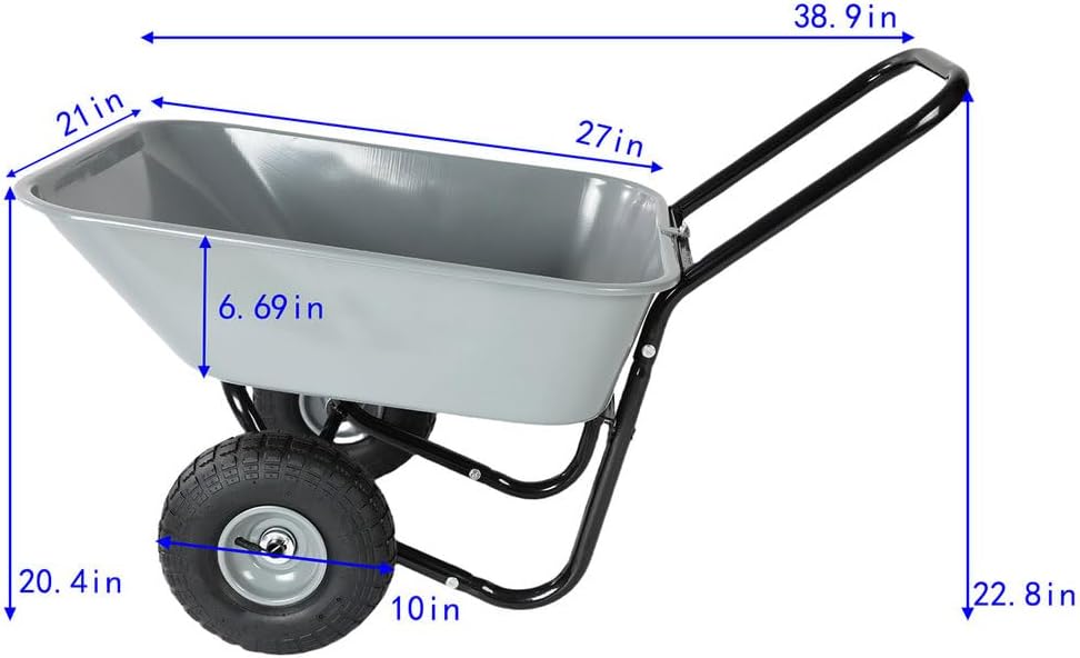 2 Wheel Wheelbarrow, Heavy Duty Yard Dump Cart Wheel Barrow with 10-inch Pneumatic Wheels 330 LBS Utility Garden Cart for Lawn, Gardening, Construction