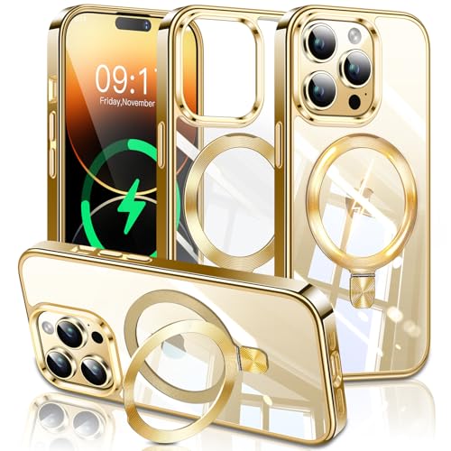 Image of ESTPEAK Titanium Gold CD Mag-Stand Case for iPhone 14 Pro Case with Invisible Magnetic Ring, [Fit for MagSafe] [Never Yellowing] Top Clear Phone Case Cover for iPhone 14 Pro 6.1 inch Men Women