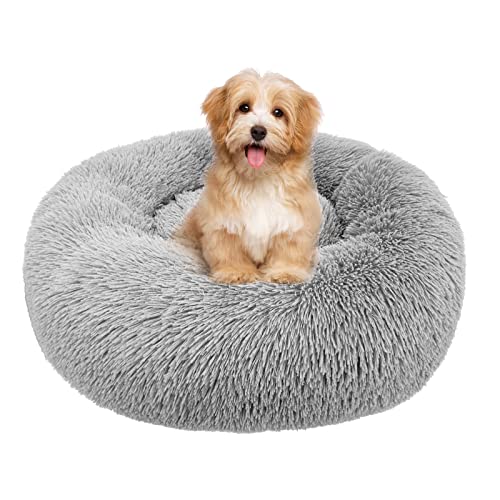 Homy Pet Calming Dog Bed & Cat Bed, Anti-Anxiety Donut Dog Cuddler Bed, Warming Cozy Soft Dog Round Bed, Washable ,Soft Pet Cushion Bed for Dog Cat Joint-Relief Sleep (24In, Long Fur Gray)