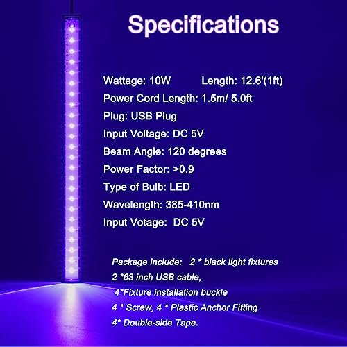 U4GLORY Barra de luz preta, 10 W, 30 cm, luz preta para armário, luminária USB UV preta para pôster