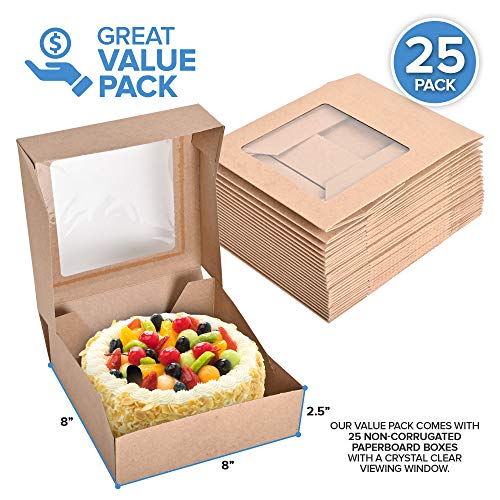 image for 8 x 8 x 2.5 Inch Kraft Pie Box with Viewing Window (25 Count) - Small 