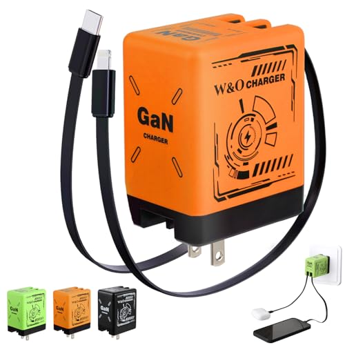 W&O 2-in-1 GaN Compatible with Fast Charger GaN Charger Fast Charging Retractable Phone Chargers Wall Plug with Lightning and Type-C Cables Foldable Chargers for iPhone&Most Android