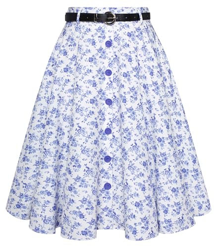 Belle Poque Women's Skirts Vintage High Waisted A-Line Midi Skirts with Pockets & Belts