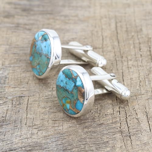 Blue Copper Turquoise Cufflinks for Men – Natural Gemstone in 925 Silver, Groom Wedding Jewelry Gift4