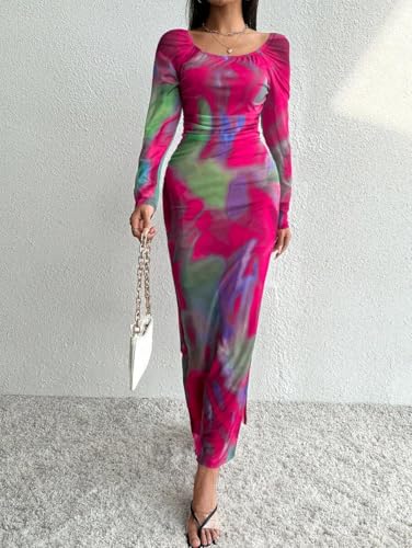 Image of LIGHT DOT Women's Printed Off Shoulder Maxi Dress Long Sleeve Bodycon Ruched Mesh Cocktail Dress