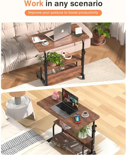 Image of QZMDSM Portable Rolling Desk on Wheels Small Standing Desk Adjustable Height Desks with Wheels for Small Spaces, 32 inch Computer Desk with Storage Shelves for Home Office Study Rustic