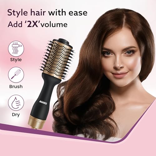AGARO HV2179 1200 Watts Professional Volumizer Hair Dryer, 24K Gold Styling Surface, Activated Charcoal Bristles, Ceramic Tourmaline Coating Brush... - Image 3