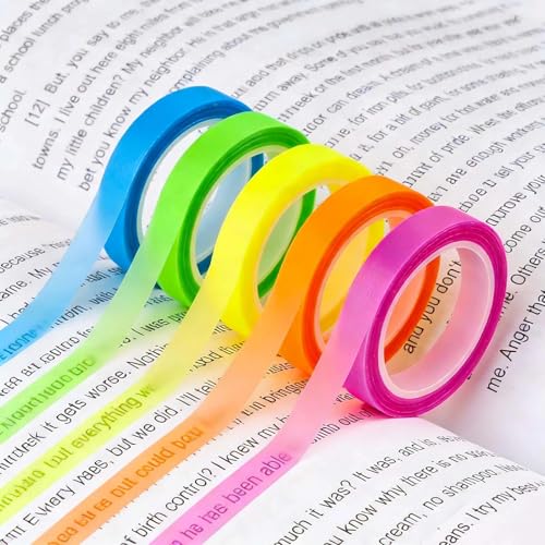 KNUIUYY Lot de 10 Rouleaux de Ruban Adhésif Fluorescent Amovible et Transparent, Notes Adhésives Fines, Onglets D'annotation pour Enseignants, étudiants,...