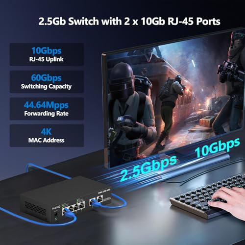 Image of 10Gb RJ-45 Ethernet Network Switch Web Managed, 2 x 10Gb RJ45 Ports, 4 x 2.5Gb Base-T Ports | Multi Gigabit Switch 1G / 2.5G | 60G Bandwidth | Fanless Metal Internet Switch for Wireless AP, NAS, PC