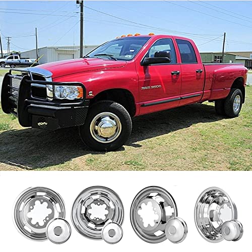 Image of 4pcs 17inch Front Rear Polished Stainless Steel Dually Wheel Simulators fit for 2003-2018 Dodge Ram 3500 Truck, 8 Lug with 5 Square Vent Holes Hupcaps Wheel Cover 17R8