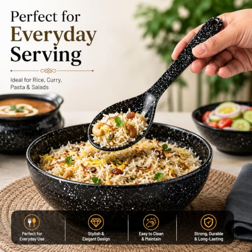 Image of Melvio By Malti Black Granite 2 Piece Serving Spoon | Melamine Dinnerware Set, Premium Dinner Set Crockery Plates Bowls Tableware for Home Dining Kitchen