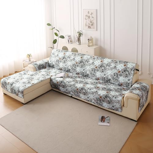 Image of HOKIPO 'Elira Series' Printed Quilted One-Piece L Shape 6 Seater (3+3) Sofa Cover with Left Chaise | Anti-Slip Design, Feather Brown Floral (AR-5375-C1)