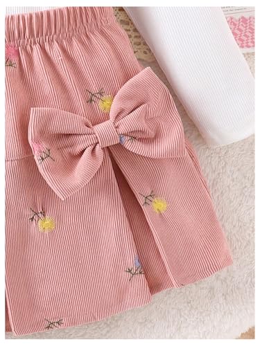 Image of WDIRARA Girls's 2 Piece Cap Long Sleeve Solid Ribbed Top and Embroidered Bow Skirt Set Pink 6Y
