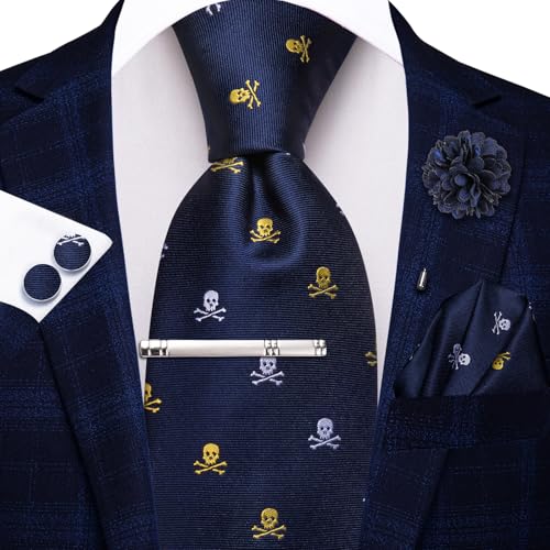 Image of Hi-Tie Men's Blue Yellow White Skull Dress Tie Sets Classic Neckties and Pocket Square Lapel Pin Silver Tie Clip Cufflinks Set Wedding Business 6PCS