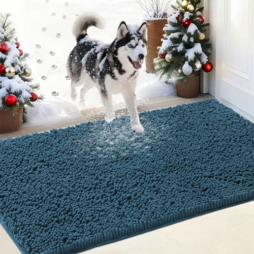 IM HOME Chenille Absorbent Outdoor Doormat 60" x 36", Washable Muddy Door Mats for Dog Non Slip Indoor Doormat Dog Mat for Muddy Paw Front Inside Doormats for Entryway Atlantic Blue