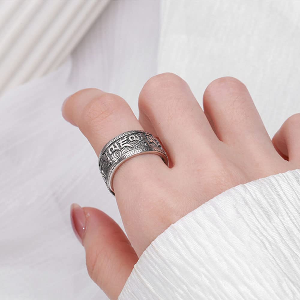 925 Sterling Silber Muster geprägtes Sechs-Charakter-Mantra-Ring Exquisit Buddhist Wide Version Ring, tibetischer Amulett-Ring Unisex