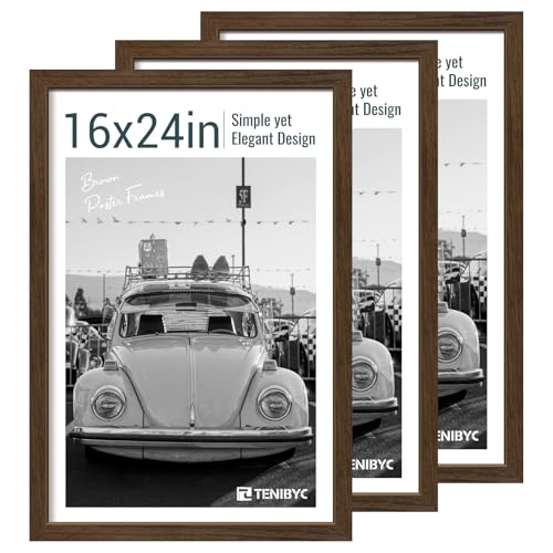 TENIBYC 16x24 Picture Frame, Brown Wood, 3 Pack, Wall Hanging for Poster