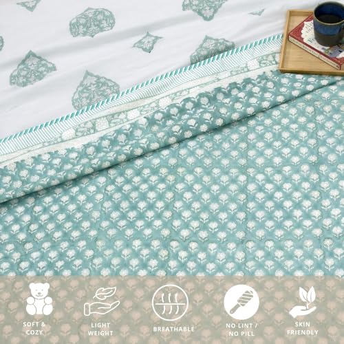 Image of TOAIArt Premium Jaipuri Dohar | AC Blanket Summer Quilt | Hand Block Printed | 3 Layers | Reversible | 150GSM 100% Mulmul Cotton | 100% Cotton Flannel Filling | Queen 90 inch X 108 inch|Cool Summer