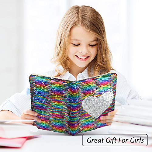 Image of Outus 4 Pcs Sequin Girls Journal Valentines Journal Gift with Color Gel Ink Pens Glitter Notebook Flip Writing Diary for Kids Girl Writing Drawing Travel Gifts(Rainbow Color,Heart)