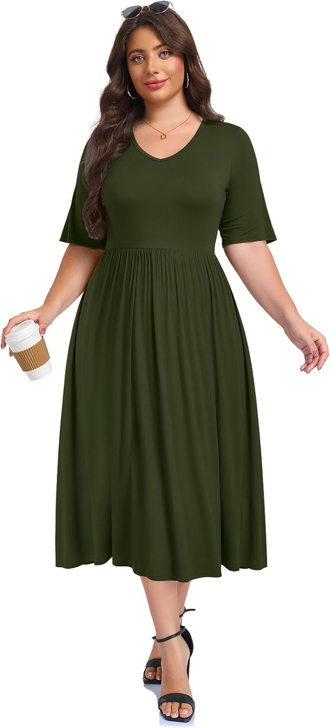 LARACE Summer Plus Size Dress for Women V Neck Maxi Dresses Casual Half Sleeve Flowy Long Dress with Pockets - Image 5