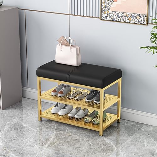 Banco de entrada con zapatero y zapatero de 2 niveles, banco de almacenamiento tapizado para dormitorio y sala de estar con cojín de asiento de piel sintética en color dorado