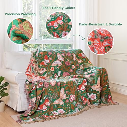 Image of MSGKV Boho Throw Blanket 50 inchx60 inch Fall Cotton Butterfly Floral Blanket