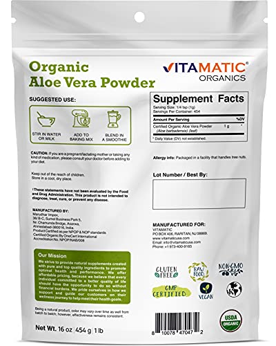Vitamatic Certified Usda Organic Aloe Vera Powder 1 Pound (16 Ounce) #TOP1