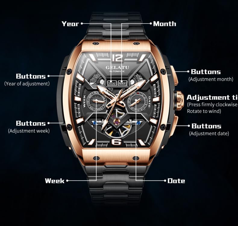 Image of OLEVS Luxury Watches for Men Black Mechanical Wrist Watch Self Winding Automatic Tourbillon Watches Skeleton Waterproof Mens Wrist Watch