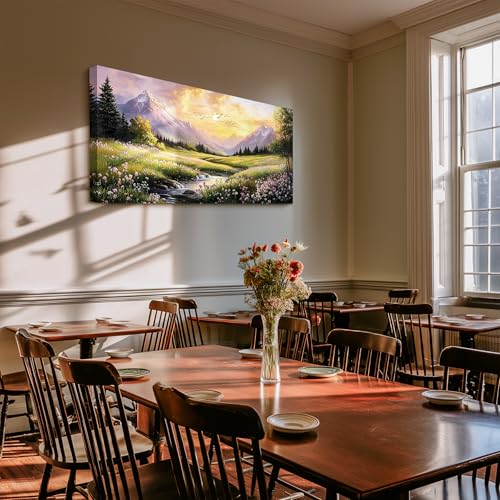 crmotu Large Landscape Wall Art, Nature Wall Art, Mountain Artwork for Walls, Sunset Aesthetic Canvas Prints, Spring Scenery Paintings for Living Room Bedroom Kitchen Farmhouse Cottagecore 24x48inch