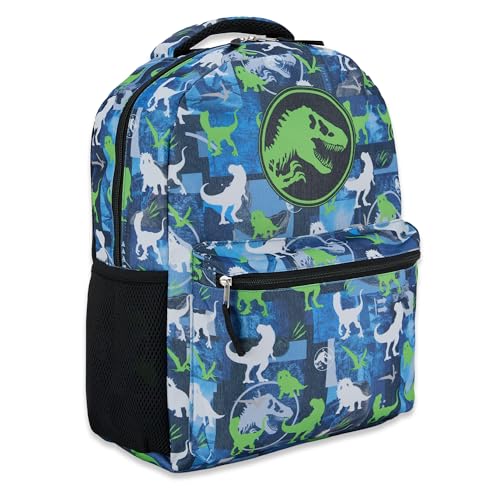 Jurassic World Mochila de nylon com estampa total – Adventure Awaits com tiranossauro Rex, Velociraptor e Triceratops Bookbag, Azul, Medium
