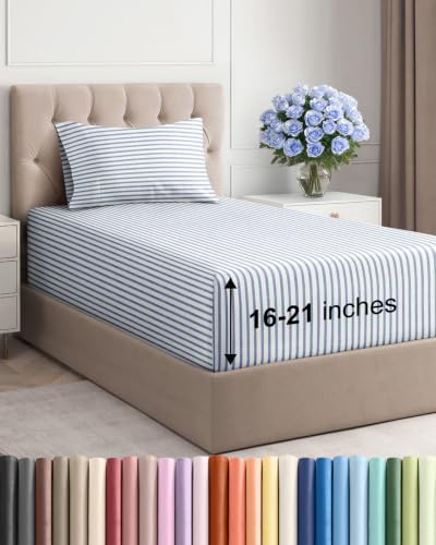 Image of Extra Deep Pocket Twin Size Sheet Set - Breathable & Cooling - Blue Stripes