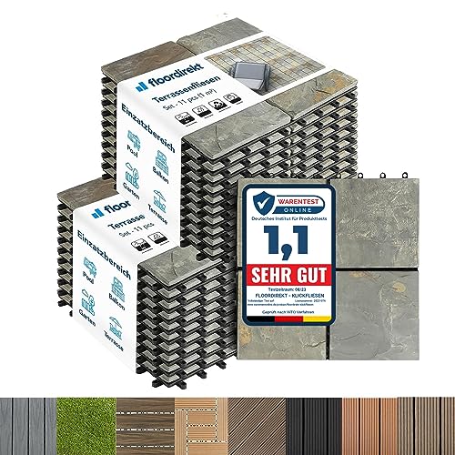 Floordirekt Naturstein Schiefer Fliesen 30x30 cm, 2m² = 22 Terrassenfliesen, Klickfliesen, Balkonfliesen - Bodenbelag für Balkon & Terrasse - wetterfest mit Drainagefunktion | rostiger Schiefer