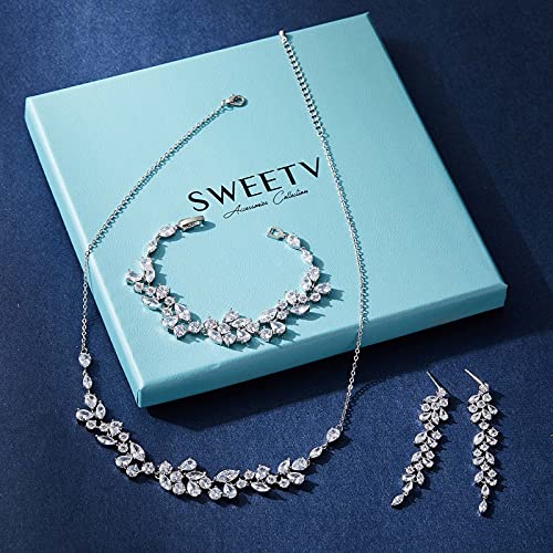 Sweetv Silver Bridal Jewelry Set For Wedding, 3-Pcs Long Floral Necklace Earring Bracelet Sets For Brides, Bridesmaids, Elegant Marquise And Cubic Zirconia Jewelry Set For Women Party Prom Gifts #TOP6