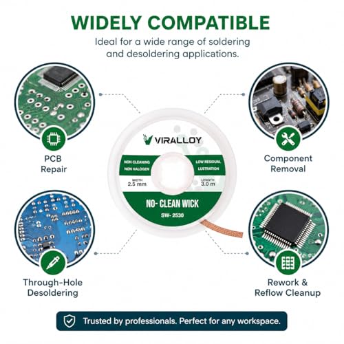 Image of Solder Wick 2.5mm x 10ft - No-Clean Rosin Desoldering Wick for Electronics, PCB & Circuit Board Repair | Copper Desoldering Braid for Soldering Kit, Soldering Iron Kit & Fer a Souder