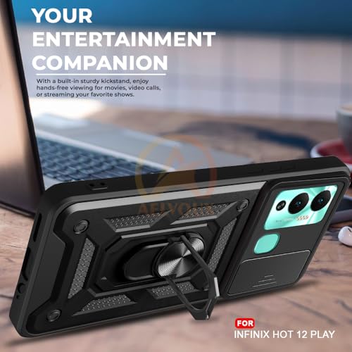 Image of Armor Bumper Back Cover Case for Infinix Hot 12 Play /Hot 20 Play Rotating Camera Cover, Ring Holder & Kickstand | Heavy Duty & 360 Degree Protection Back Cover (Black)