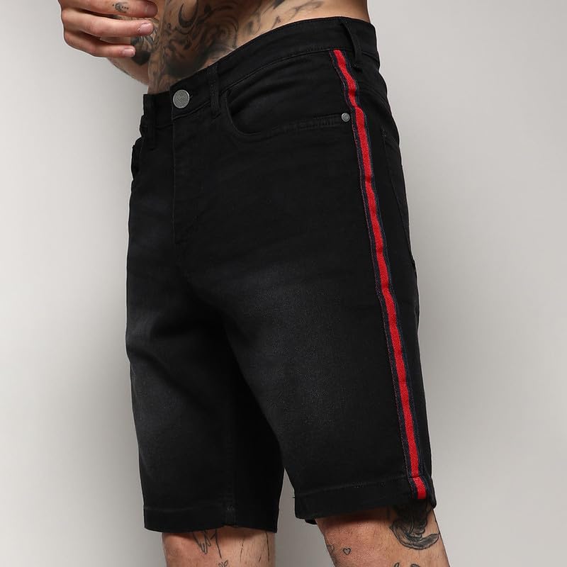Image of CAHOOT Men's Side-Striped Denim Shorts for Casual Wear | Dark-Wash | Regular Fit | Button Closure | Denim Shorts Crafted with Comfort Fit for Everyday Wear