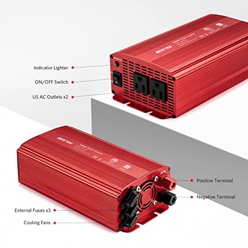 BESTEK 1000W Car Power Inverter, DC 12V to 110V Car Power Converter with 2 AC Ports Multi-Protection 1000 watt Power Inverter for Vehicles/Car/RV/Home, Terminals Power Cables Input,Road Trip Essential